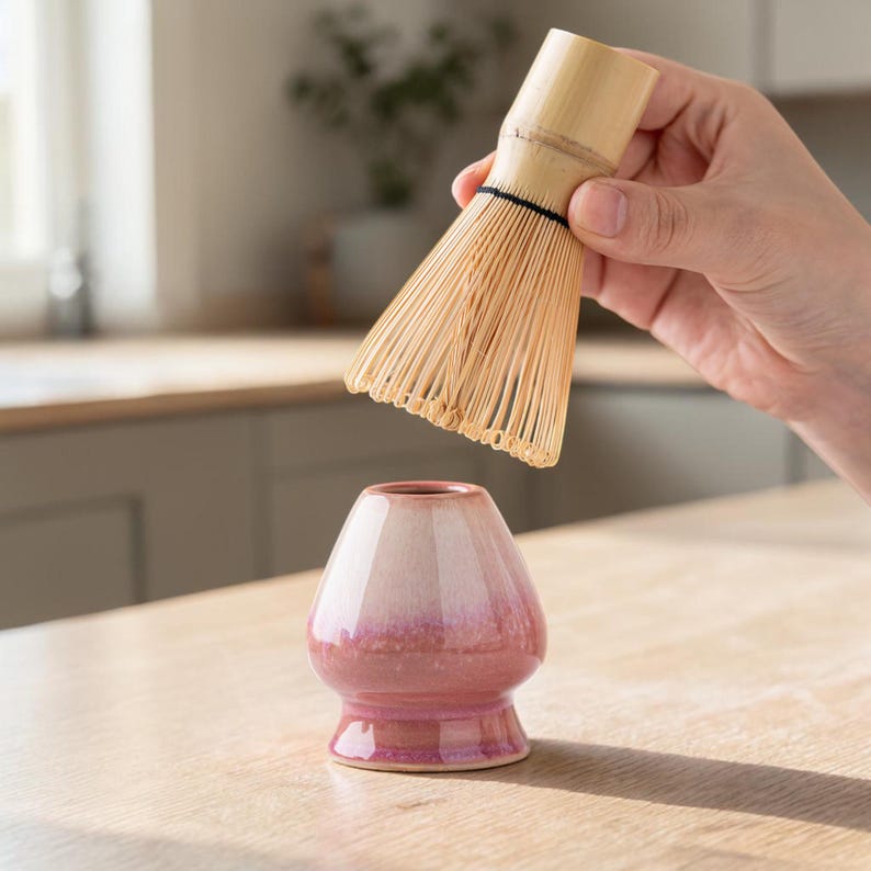 May include: A bamboo matcha whisk held above a pink and white ceramic matcha bowl. The whisk has many thin tines and a bamboo handle. The bowl has a rounded shape with a wide base. The items are on a light-colored wooden surface.