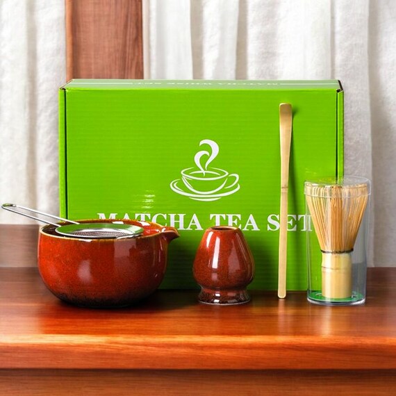 Kit De Matcha Japonés - 5 Piezas (Batidor De Bambú, Tazón, Cuchara, Soporte, Colador), Para Ceremonia Del Té