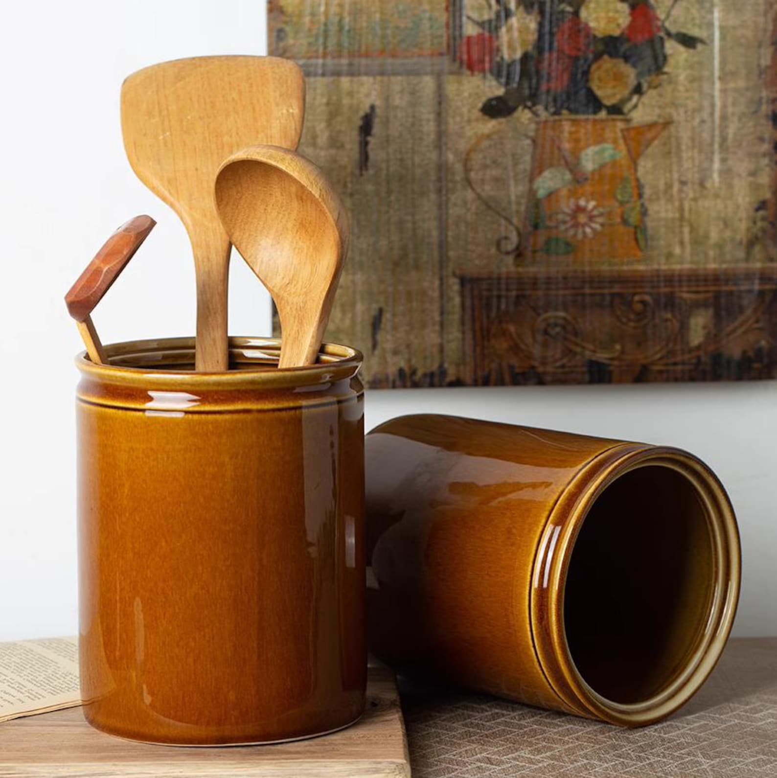 Honey Gold Ceramic Utensil Holder: Kitchen Storage Jar