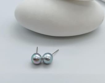 Blue Akoya Pearl Stud Earrings | Round Baroque | Sterling Silver Posts
