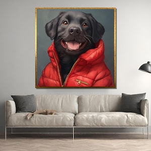 Adorable Black Labrador Portrait in Red Jacket Canvas - Cute Dog Wall Art