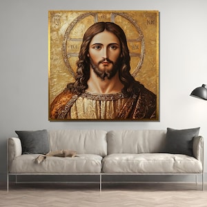 Jesus Christ Icon Canvas Painting – Orthodox Christian Gold Wall Art Gift for Religious Home Decor, Byzantine Style Sacred Image