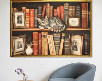 Whimsical Cat on Bookshelf Canvas Painting – Cozy Library-Themed Wall Art Gift Featuring Vintage Books and a Resting Tabby Cat