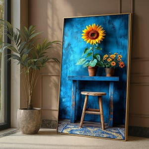 May include: A framed artwork depicting a sunflower and orange flowers in pots on a blue table. A small wooden stool is in front of the table. The background is textured blue, and the frame is gold.