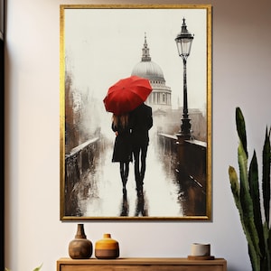 Romantic Couple with Red Umbrella Walking in Rain – London Street Scene Canvas with Dome View – Moody Love Wall Art for Gift or Decor