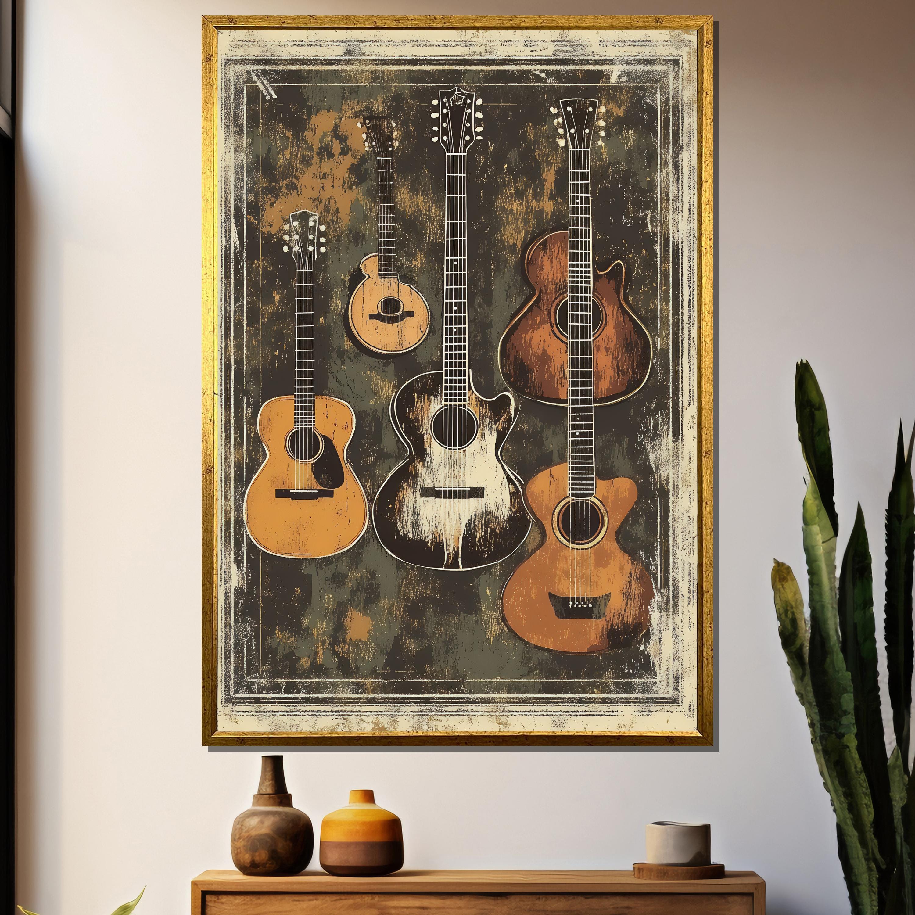 アート・デザイン・音楽 Acoustic Guitar Workshop Vintage Acoustic Guitar Wall Art | Rustic Folk Music Poster