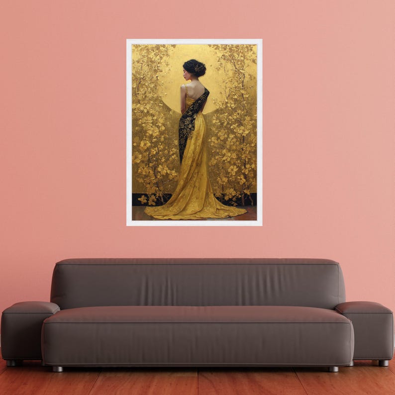Gustav Klimt Asian Woman in Golden Dress Canvas, Oriental Floral Art ...
