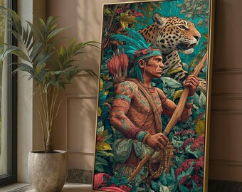 Native Warrior with Jaguar, Tribal Jungle Canvas Art, Ethnic Wall Decoration, Bohemian Canvas Print, Nature and Wildlife Artwork