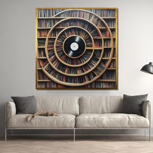 May include: A circular bookshelf with a record player in the centre. The shelves are filled with books and records. The record player is black with a white label.