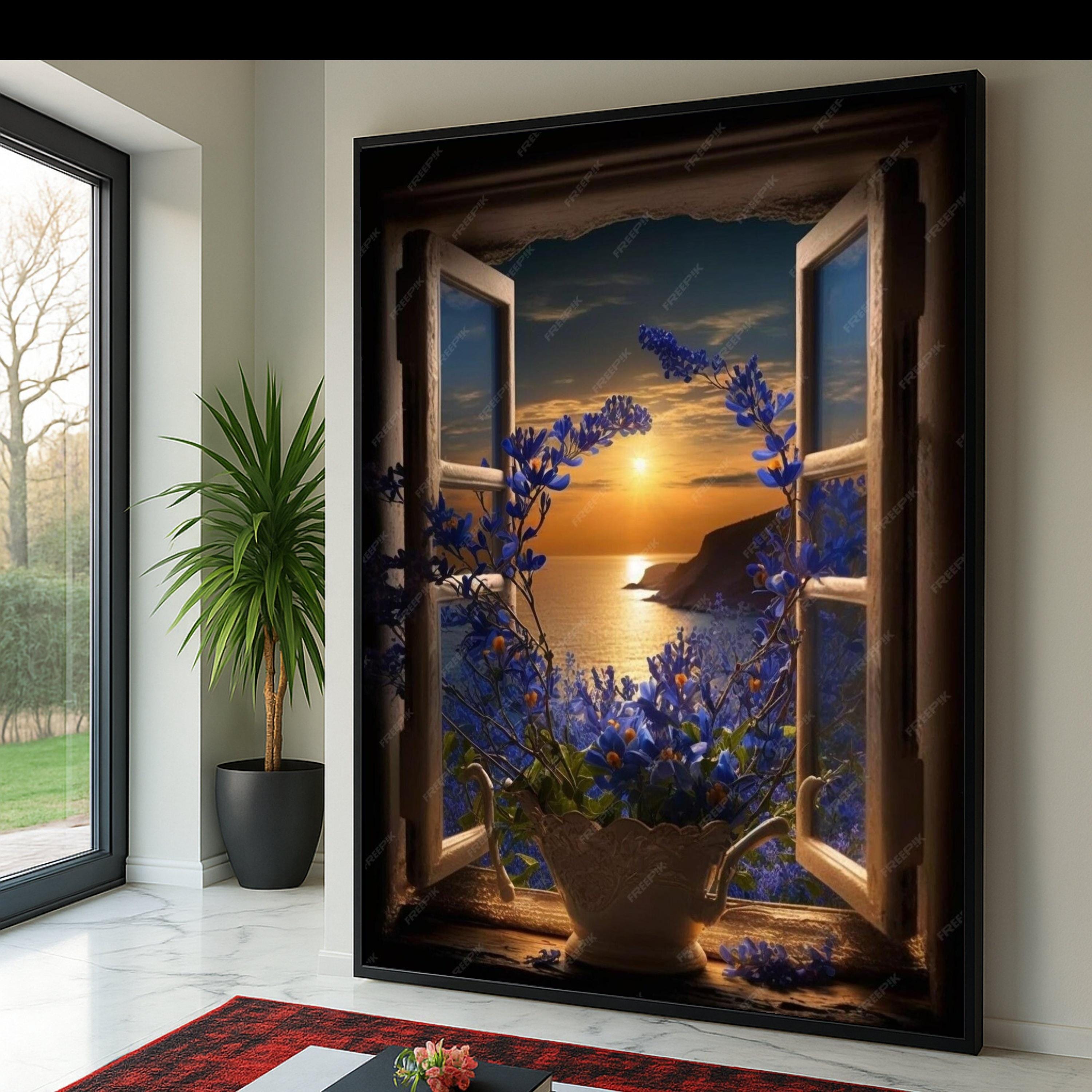 Sunset Ocean View Through Open Window Canvas, Blue Floral Still
