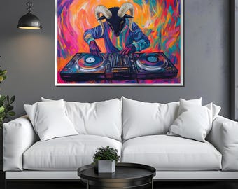 Colorful DJ Ram Canvas Art | Vibrant Abstract Animal DJ Painting