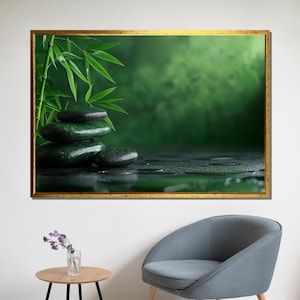 Zen Green Stones with Bamboo Leaves | Tranquil Spa Wall Art | Relaxing Nature Zen Decor