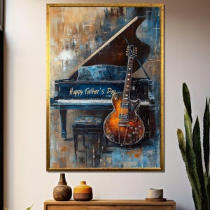 Father&#39;s Day Jazz Guitar and Piano Wall Art, Musician Gift Canvas Print, Vintage Musical Home Decor