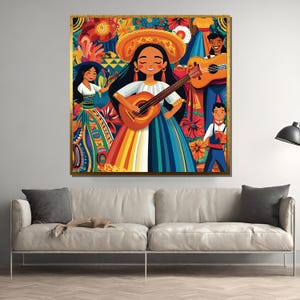 Stampa murale colorata di arte popolare ispanica – Celebrazione di musica e danza in stile cartone animato con chitarre, fiori e spirito gioioso