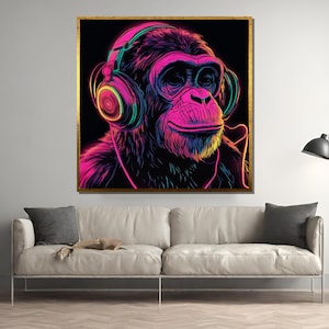 May include: A neon pink and blue illustration of a monkey wearing headphones. The monkey has a serious expression and is looking directly at the viewer.