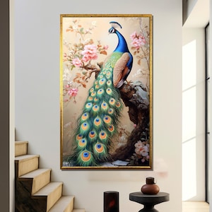 Peacock Wall Art, Elegant Floral Peacock Canvas Print for Luxury Home Decor