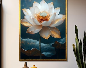 Gold Lotus Canvas Wall Art, Elegant White Lotus Flower Painting, Zen Floral Home Decor, Tranquil Botanical Artwork