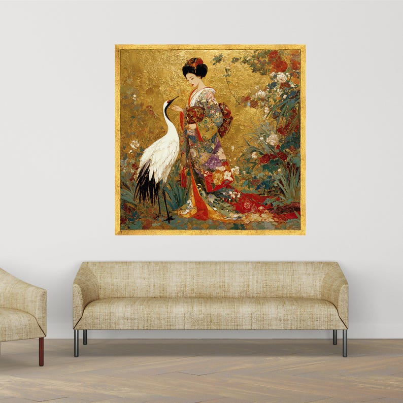 Elegante geisha met kraan, Aziatische canvas muurkunst, bladgoud achtergrond, Japanse kimono schilderij, decoratieve bloemkunst, klaar om op te hangen Gold Frame