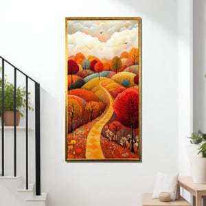 Whimsical Autumn Landscape  Painting - Colorful Forest Path Through Fall Trees - Cozy Nature Wall Art for Seasonal Home Décor