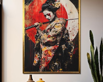 Samurai Geisha Canvas Print – Japanese Warrior Woman with Katana
