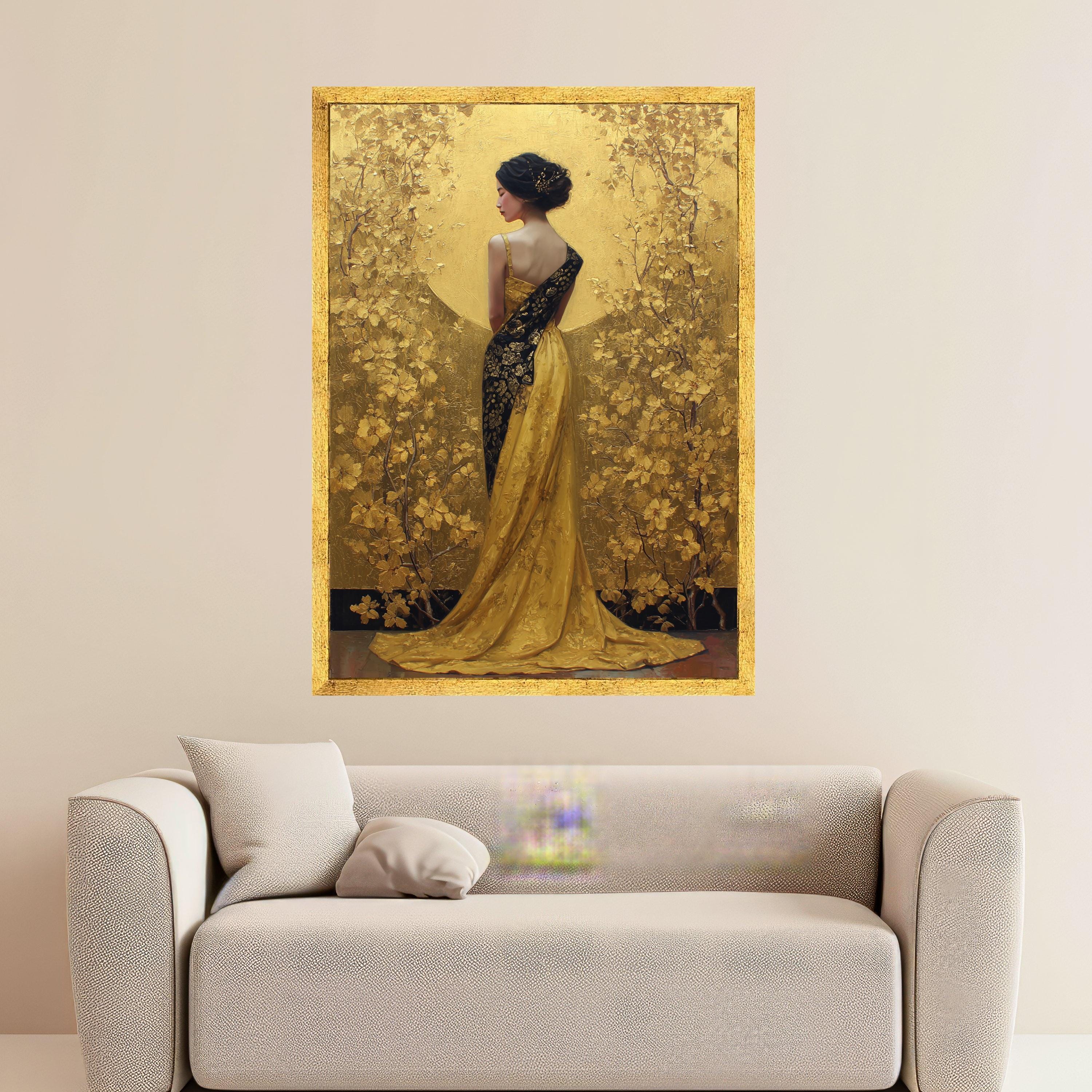 Gustav Klimt Asian Woman in Golden Dress Canvas, Oriental Floral Art ...