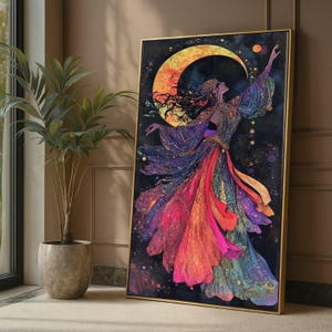 Mystical Lunar Dance Canvas, Bohemian Woman Art, Colorful Flowing Dress, Moonlight Wall Art, Fantasy Home Decor, Vibrant Spiritual Painting image 1