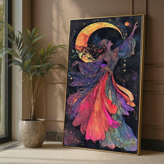 Mystical Lunar Dance Canvas, Bohemian Woman Art, Colorful Flowing Dress, Moonlight Wall Art, Fantasy Home Decor, Vibrant Spiritual Painting