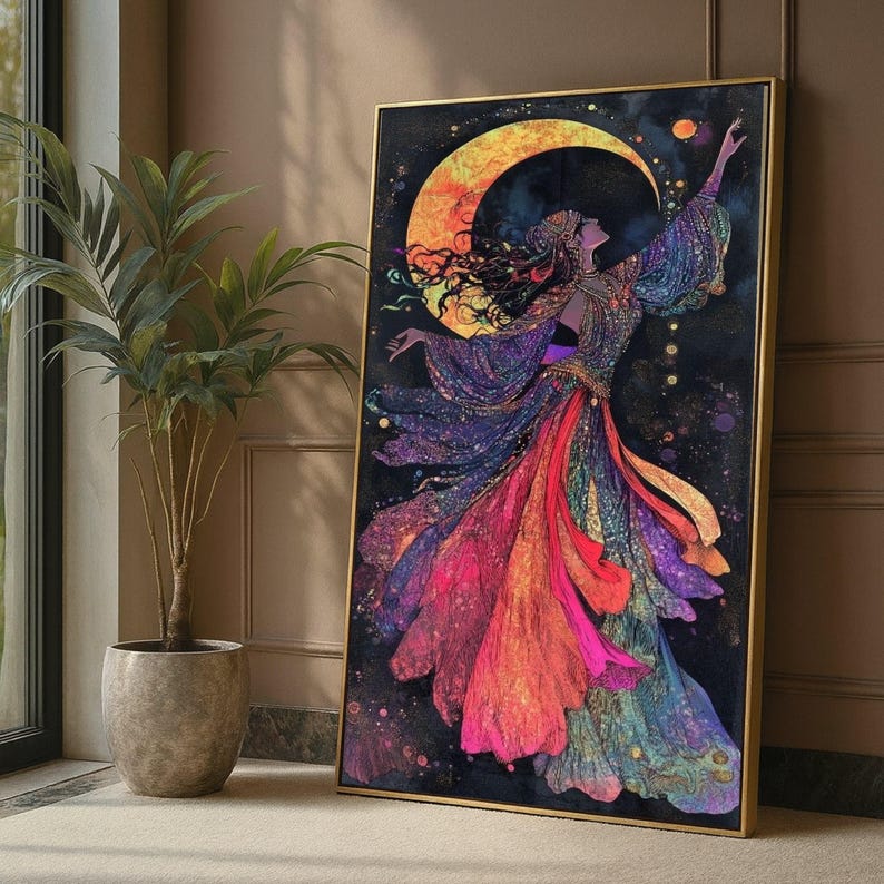 Mystical Lunar Dance Canvas, Bohemian Woman Art, Colorful Flowing Dress, Moonlight Wall Art, Fantasy Home Decor, Vibrant Spiritual Painting image 1