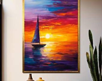 Vibrant Sailboat Sunset Painting - Nautical Seascape Canvas Art