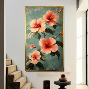 Vintage Hawaiian Hibiscus Wall Art - Retro Tropical Flower Canvas Print in Soft Green and Coral Tones - Elegant Floral Home Decor