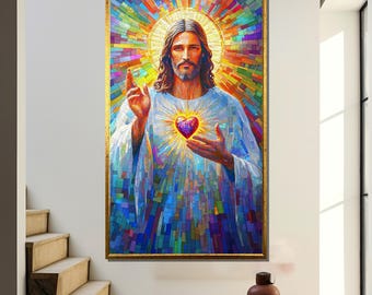 Sacred Heart of Jesus Christ Canvas Painting – Vibrant Mosaic Religious Wall Art Gift for Christian Home or Church Decor
