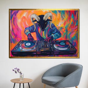 Colorful DJ Ram Canvas Art | Vibrant Abstract Animal DJ Painting for Music Lovers | Unique Party Wall Decor