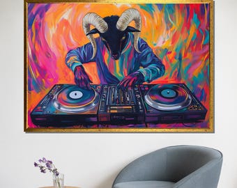 Colorful DJ Ram Canvas Art | Vibrant Abstract Animal DJ Painting