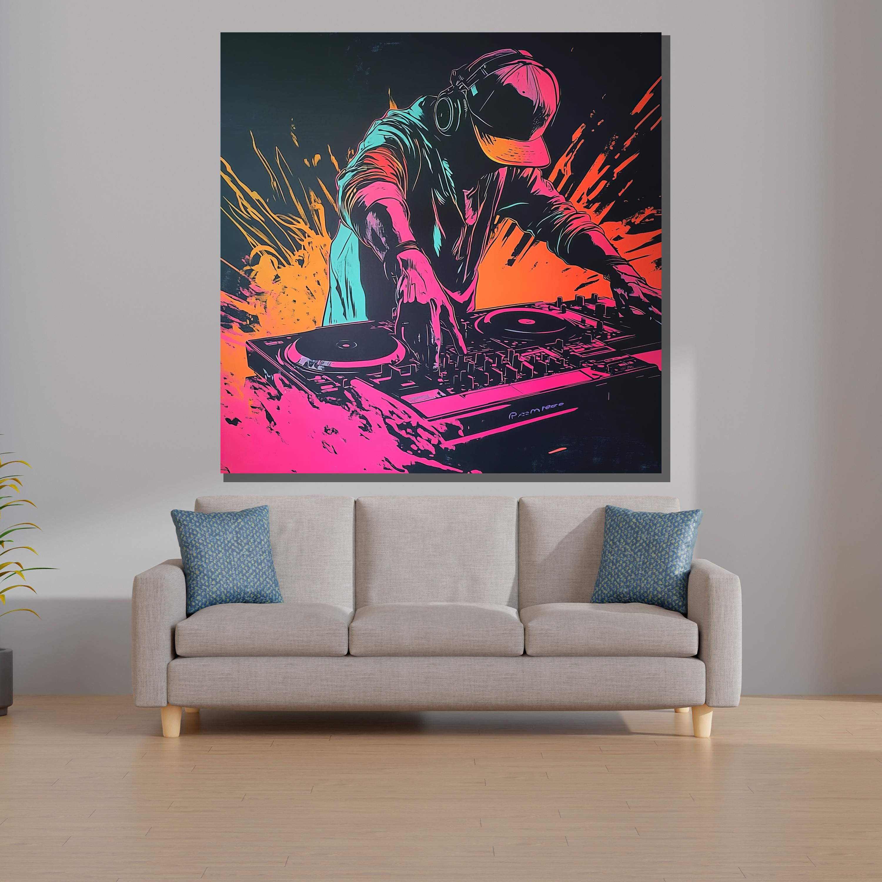 Neon DJ Wall Art – Vibrant Street Style Poster of Club DJ Mixing
