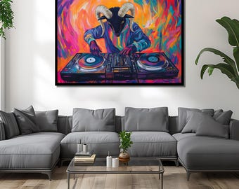 Colorful DJ Ram Canvas Art | Vibrant Abstract Animal DJ Painting
