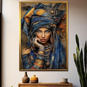 Retrato de mujer tribal, lienzo bohemio con turbante azul, decoración de joyería étnica, pintura de belleza cultural, regalo de estilo gitano.
