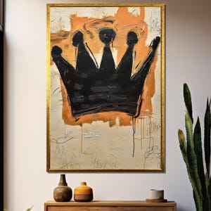 Art mural couronne graffiti, peinture sur toile couronne abstraite, décoration urbaine de rue King, couronne noire sur fond orange, oeuvre d&#39;art royale moderne