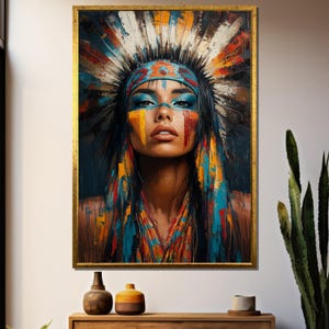 May include: A painting of a woman wearing a colourful headdress with feathers. She has blue eyes and is wearing face paint in shades of blue, yellow, and red. The background is dark and the painting has a bold, abstract style.