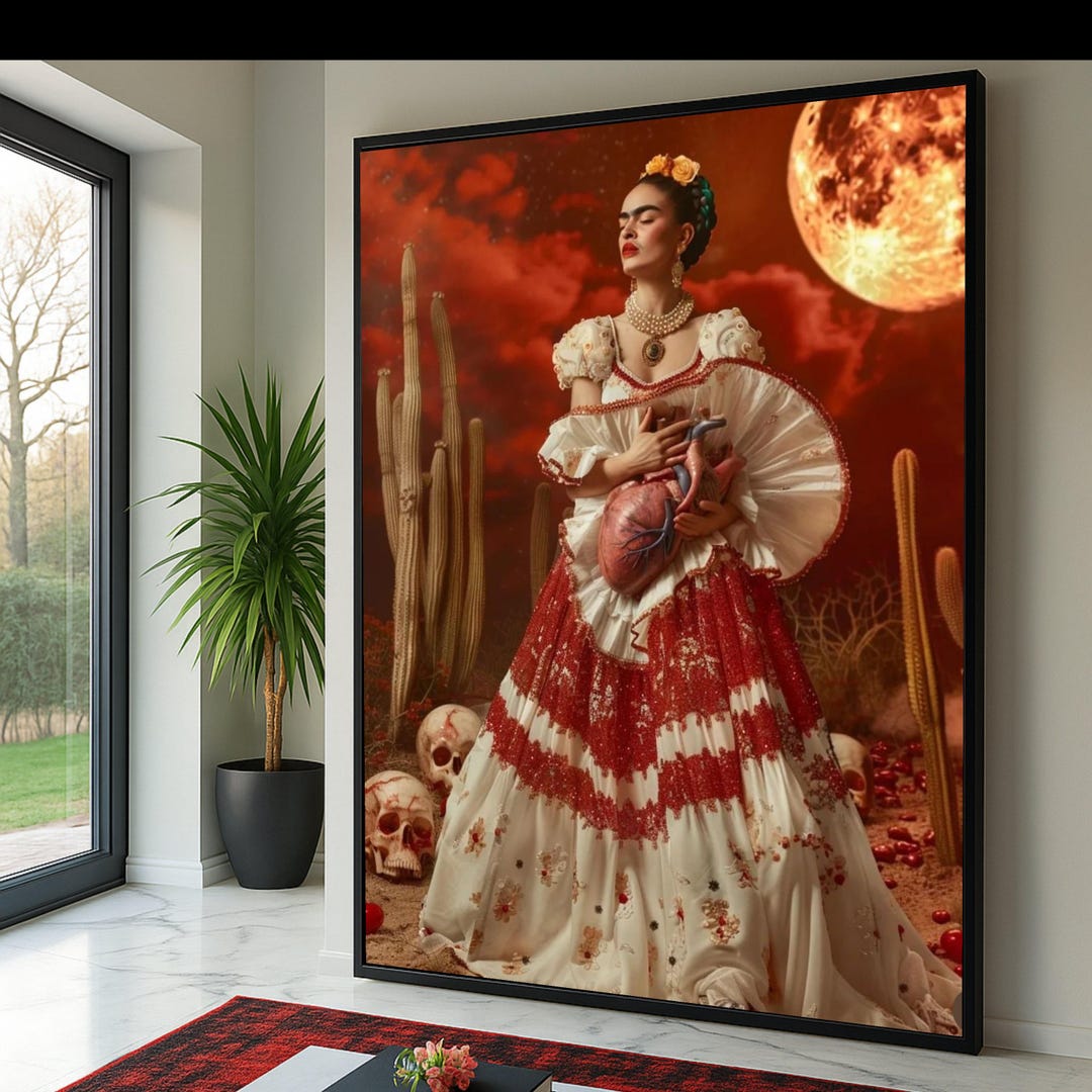 Frida Portrait Canvas, Surreal Mexican Dress Wall Art, Heart Holding ...