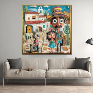 Bunter mexikanischer Volkskunstdruck, wunderliche Familiendorfszene, humorvolle Karikatur-Wanddekoration, lebendiges kulturelles Geschenk für Zuhause oder für Kinder