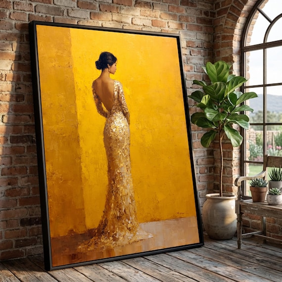 gustav klimt gold dress Elegant Woman Canvas Art, Glamorous Fashion Portrait, Figurative Wall Decor flowy maternity dress