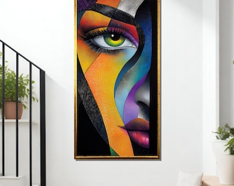May include: Abstract portrait painting of a woman's face with a green eye, colorful geometric shapes, and a black background.