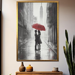 Romantic New York City Couple Painting – Black and White Urban Rain Scene with Red Umbrella, Modern Love Wall Art for Home Décor