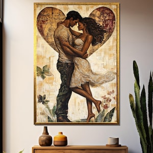 Romantic Couple Embrace Painting – Passionate Love Wall Art with Heart Background – Intimate Home Decor Print