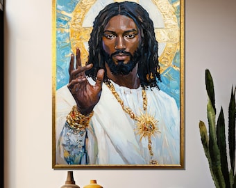 African American Jesus Christ Canvas Painting – Gold Halo