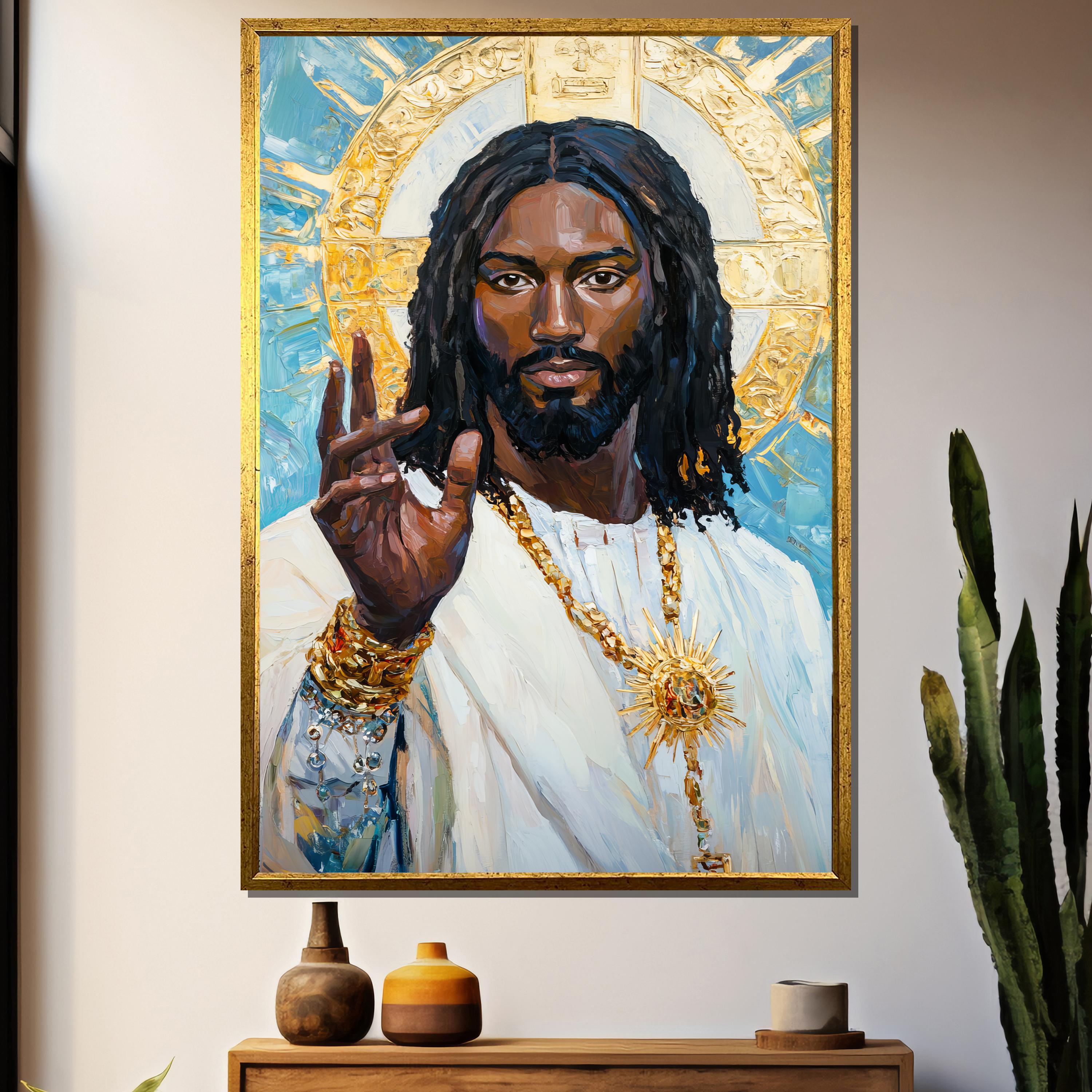 African American Jesus Christ Canvas Painting – Gold Halo