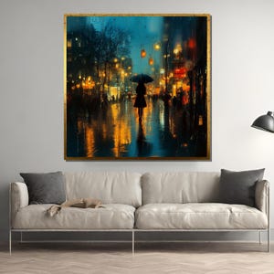 Rainy Night City Scene – Woman with Umbrella in Moody Urban Lights, Romantic Reflections on Glass Style Canvas Wall Art