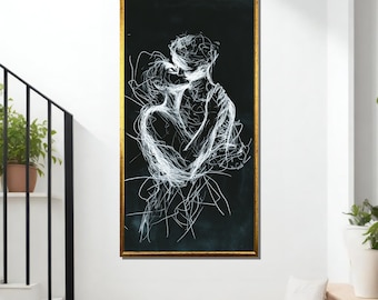 Cuadro en lienzo de pareja con garabatos abstractos: arte mural íntimo en blanco y negro, ideal para dormitorios modernos y decoración romántica del hogar.