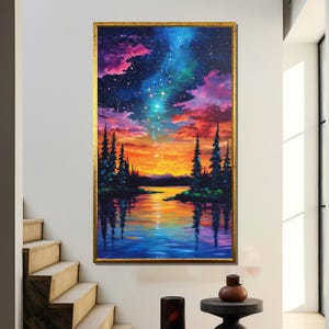 Noche estrellada sobre la naturaleza de Alaska: vibrante atardecer y cielo galáctico reflejados en un paisaje fluvial, arte mural para amantes de la naturaleza.