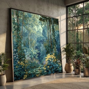 May include: A large framed artwork showing a forest scene with tall trees, dense foliage, and a pathway. The painting uses blues, greens, and yellows, creating a tranquil landscape. The artwork is displayed indoors, leaning against a wall, with a rug on the floor.